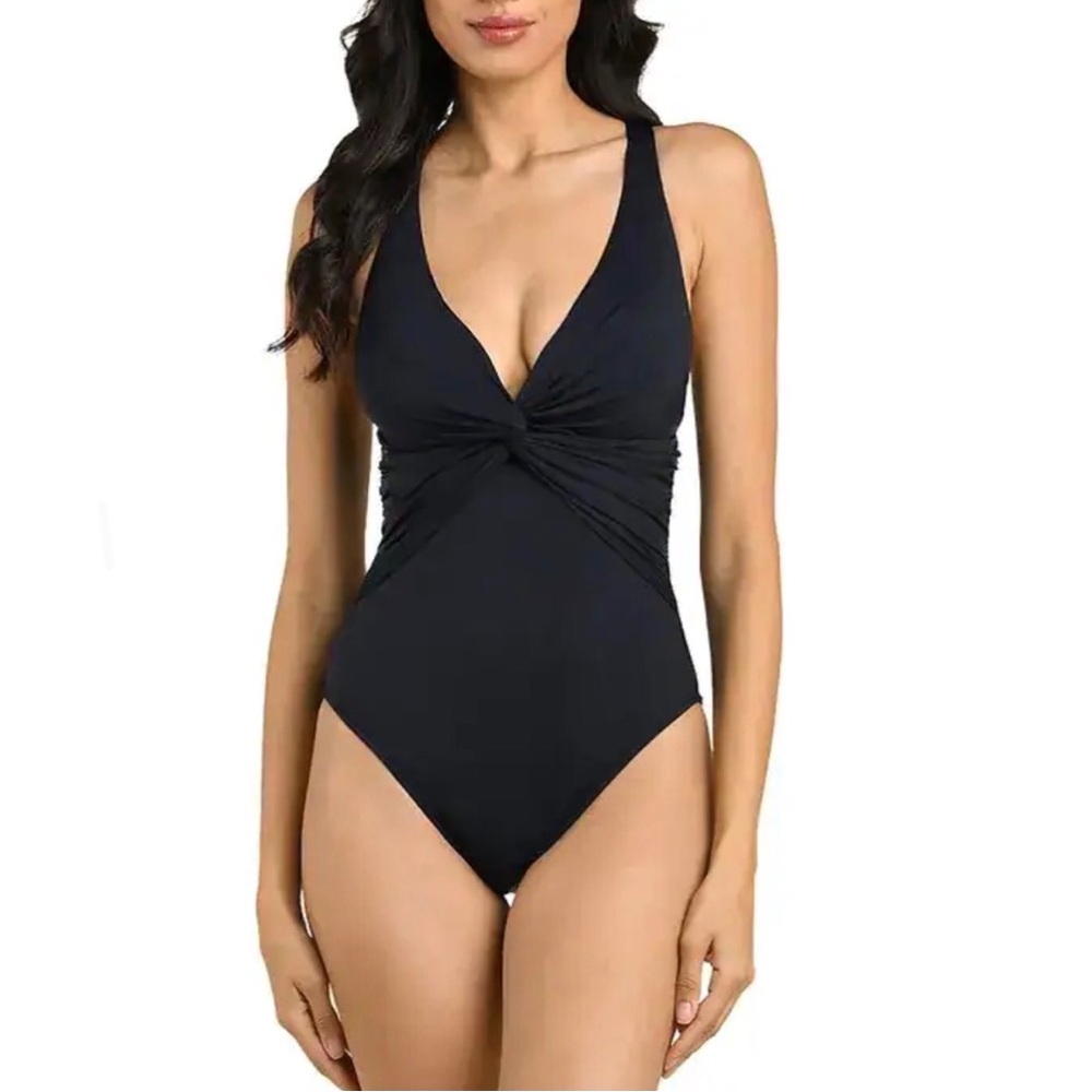 La Blanca Island Goddess Plunge One Piece Swimsuit Black V Neck Size 12